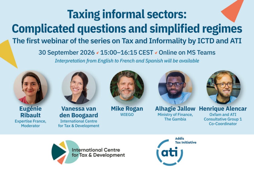 Art card bearing the title 'Taxing informal sectors: complicated questions and simplified regimes', with headshots and names of the speakers lined up in a row